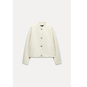 Zara Gold Button Soft Bomber Jacket Snap Button Rib Trim Ecru Cream Color Sz XL